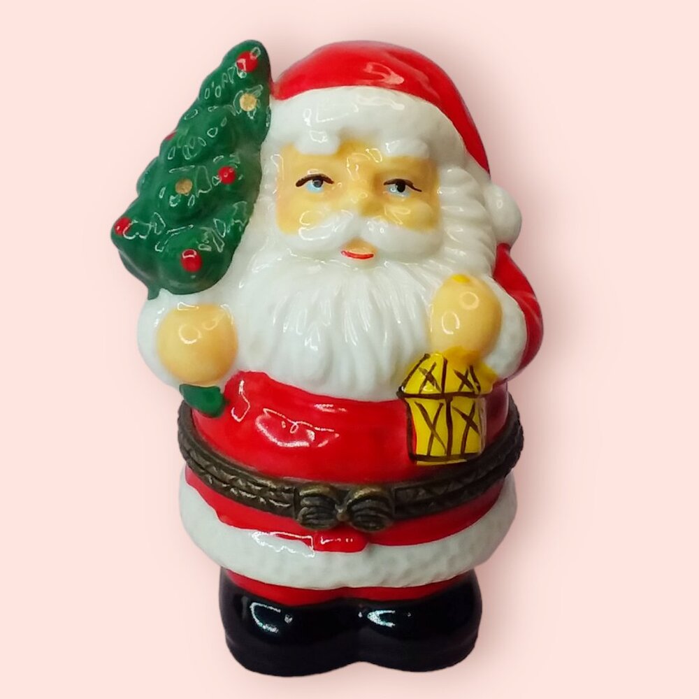 Vtg Ceramic Hinged Box Santa Clause Christmas Tree Small Trinket Kitschy Fun